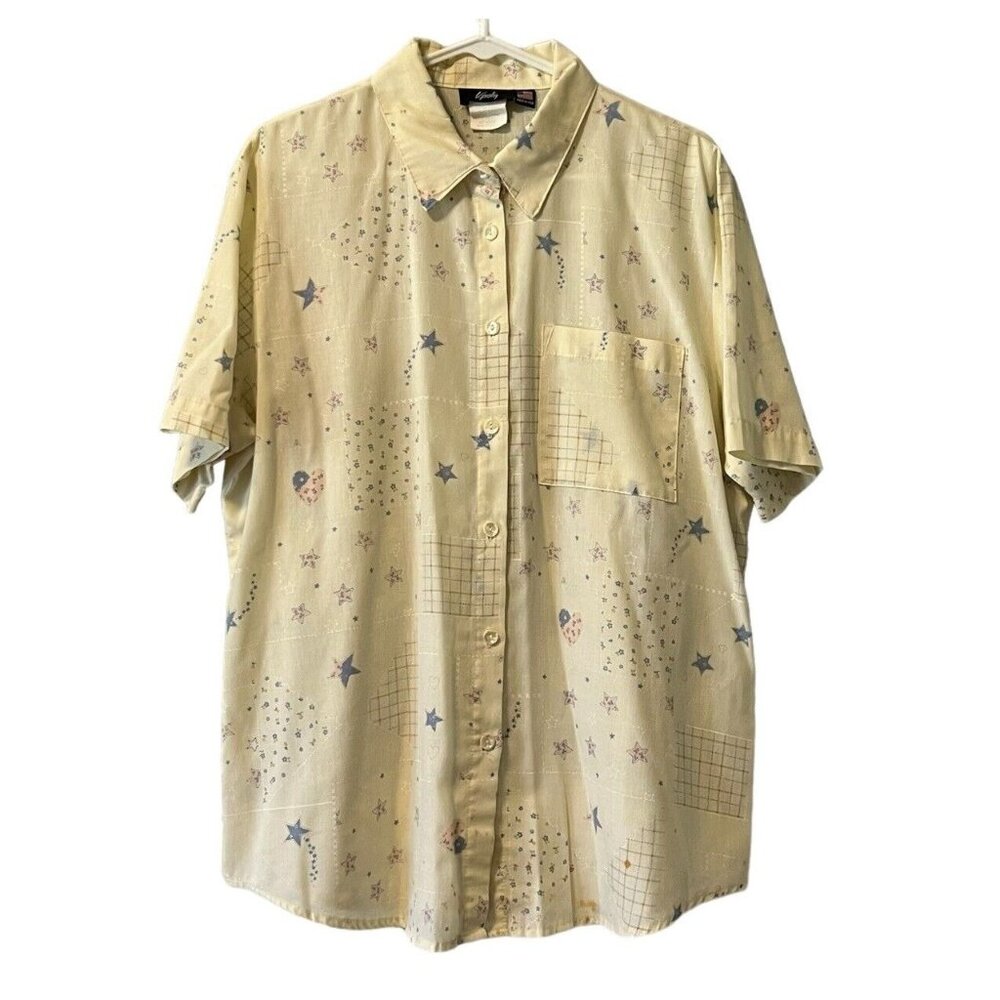 VINTAGE Tapestry Shirt Womens Size Large Button Up Blouse Floral‎ & Stars 80's